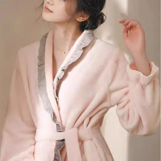 秀黛 宫廷风撞色木耳边拼接长袖家居服可外穿睡袍 女款