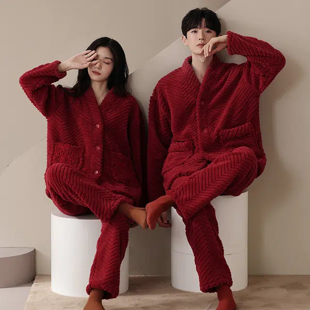 秀黛 珊瑚绒家居服加厚喜庆家居服睡衣套装 女款 红色