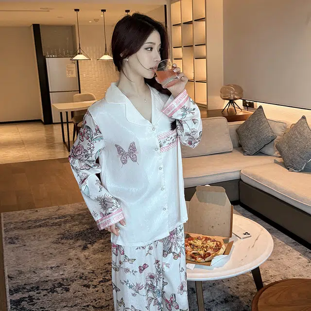 秀黛 轻奢透气休闲舒适长袖长裤睡衣套装 女款 图色