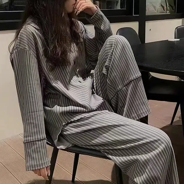 秀黛 简约休闲翻领长袖条纹长裤家居服可外穿睡衣套装 女款 图色
