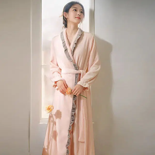 秀黛 宫廷风撞色木耳边拼接长袖家居服可外穿睡袍 女款