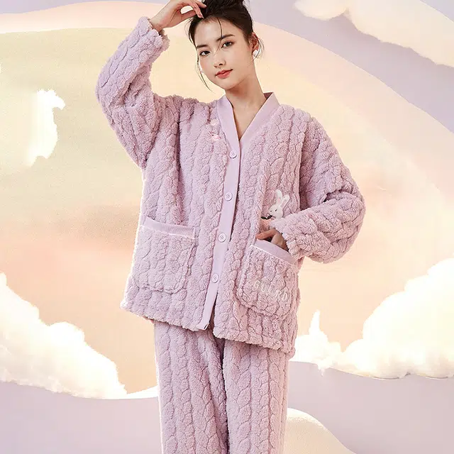 秀黛 珊瑚绒卡通兔子和服领保暖长袖长裤可外穿睡衣套装 女款