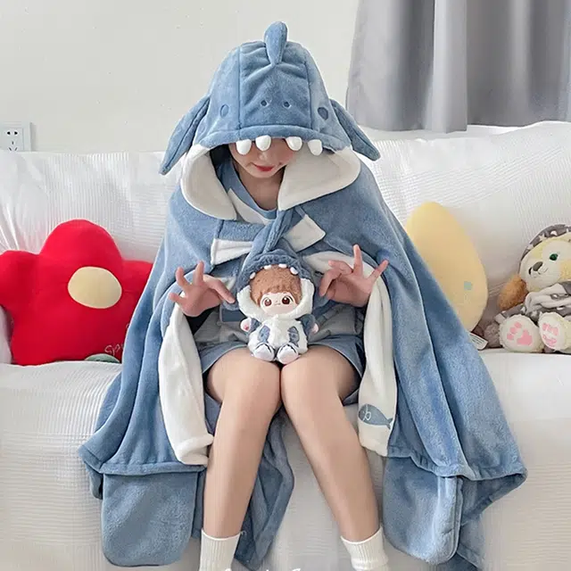 秀黛 披肩斗篷式连可爱居家服睡袍 女款 蓝白色