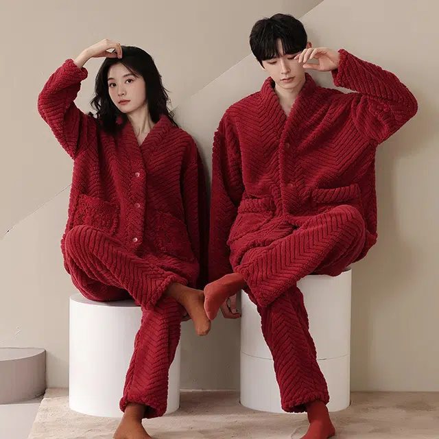 秀黛 珊瑚绒家居服加厚喜庆家居服睡衣套装 女款 红色