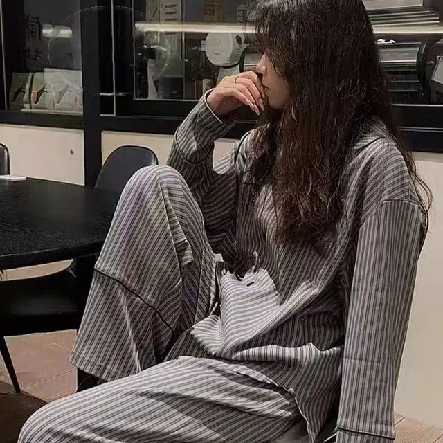 秀黛 简约休闲翻领长袖条纹长裤家居服可外穿睡衣套装 女款 图色