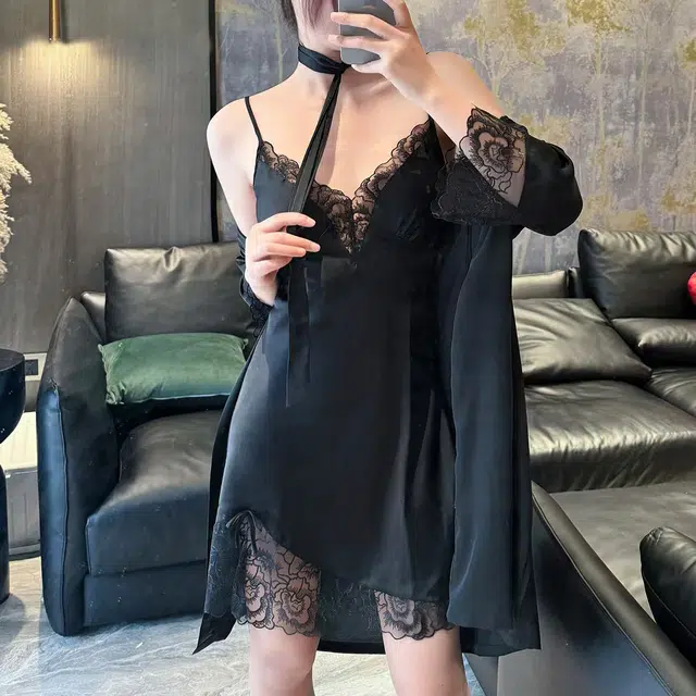 秀黛 性感蕾丝开叉吊带裙可外穿睡袍春秋睡衣套装 女款