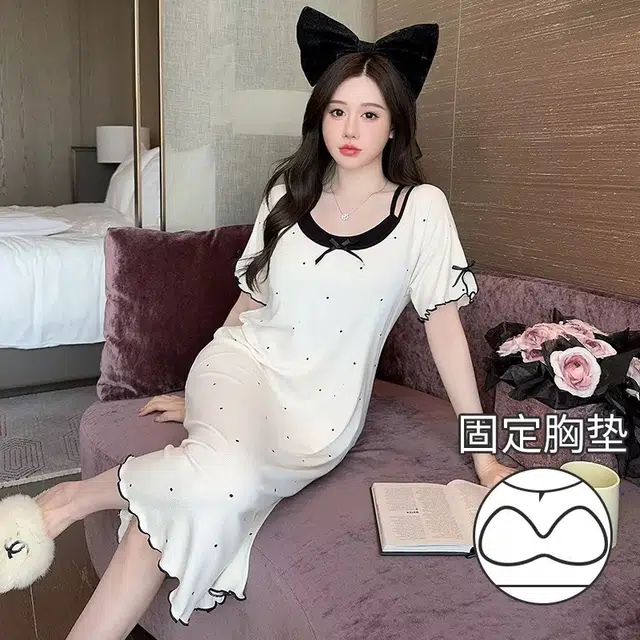 秀黛 韩系时尚舒适百搭甜美可爱波点纯欲风带胸垫一体睡裙 女款