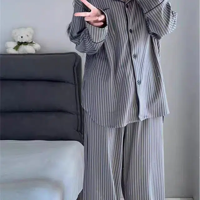 秀黛 简约休闲翻领长袖条纹长裤家居服可外穿睡衣套装 女款 图色