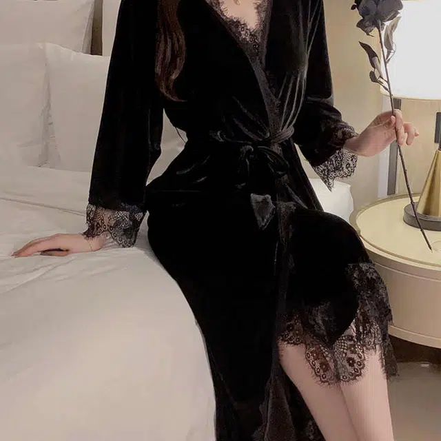 秀黛 秋冬金丝绒性感睡衣女蕾丝开叉睡裙睡袍两件套内衣 女款