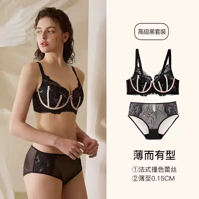 秀黛 性感舒适感薄款聚拢轻薄蕾丝大胸显小胸夏钢圈文胸套 内衣裤套装 女款