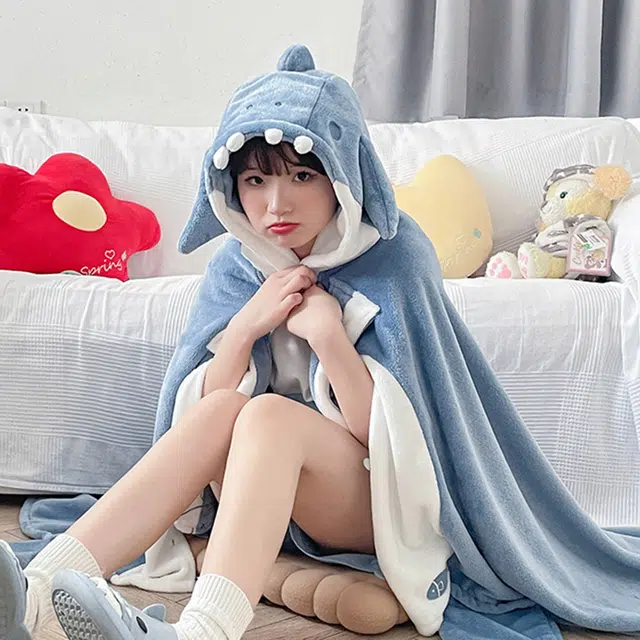 秀黛 披肩斗篷式连可爱居家服睡袍 女款 蓝白色