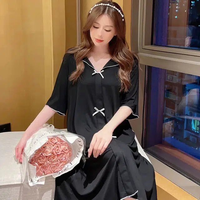 秀黛 韩系时尚舒适薄款纯色过膝带胸垫凉感短袖睡衣家居服睡裙 女款