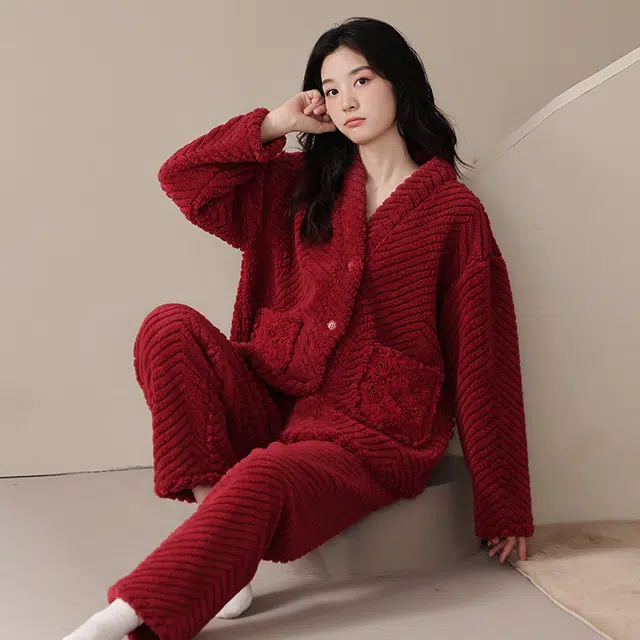 秀黛 珊瑚绒家居服加厚喜庆家居服睡衣套装 女款 红色