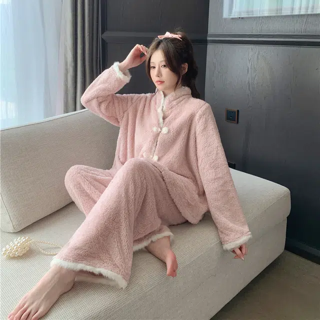 秀黛 新中式立领亲肤上衣纯色保暖长裤睡衣套装 女款 粉色