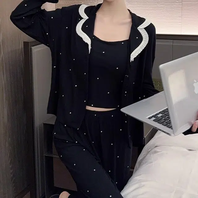秀黛 带胸垫一体舒适亲肤家居服睡衣套装 女款 黑色