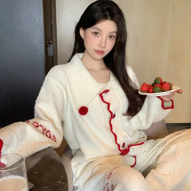 秀黛 韩版可爱半边绒翻领长袖家居服可外穿保暖睡衣套装 女款 白色