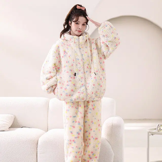 秀黛 甜美彩色波点连帽加厚睡衣套装 女款 图色