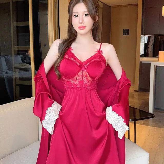 秀黛 简约舒适长袖睡袍休闲吊带睡裙睡衣套装 女款 红色