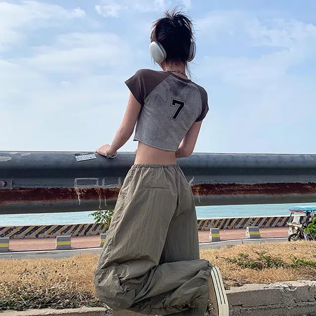 花蔓色 高街甜辣纯色高腰显瘦伞兵裤复古抽绳系带百搭阔腿裤速干设计感工装裤 女款