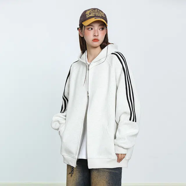 花蔓色 条纹美式高街重磅开衫长袖复古百搭连帽拉链休闲宽松卫衣 男女同款
