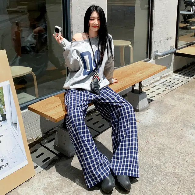 依钗 融合韩系美式风格的格子阔腿垂感裤休闲裤 女款