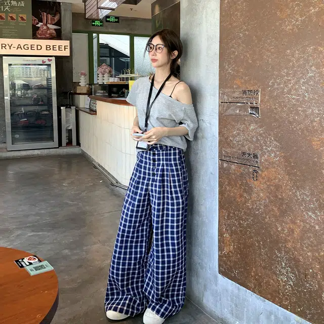 依钗 融合韩系美式风格的格子阔腿垂感裤休闲裤 女款