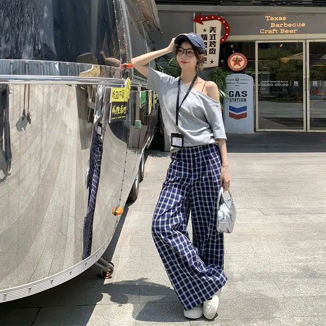 依钗 融合韩系美式风格的格子阔腿垂感裤休闲裤 女款