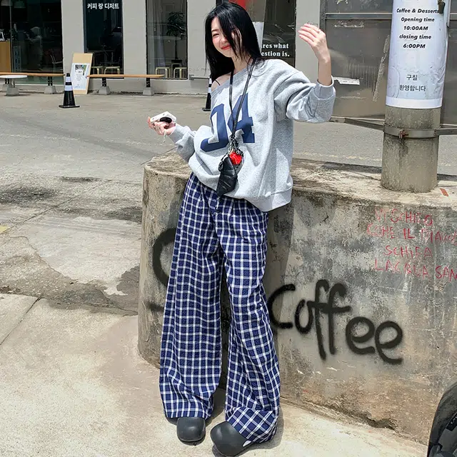 依钗 融合韩系美式风格的格子阔腿垂感裤休闲裤 女款