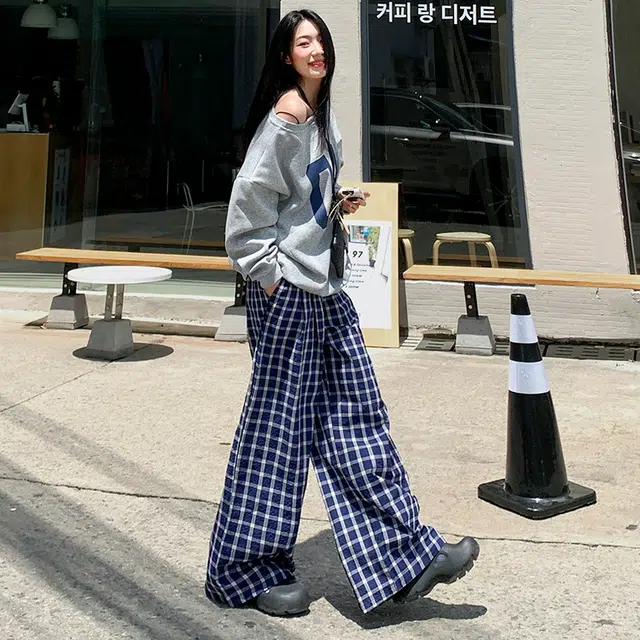 依钗 融合韩系美式风格的格子阔腿垂感裤休闲裤 女款