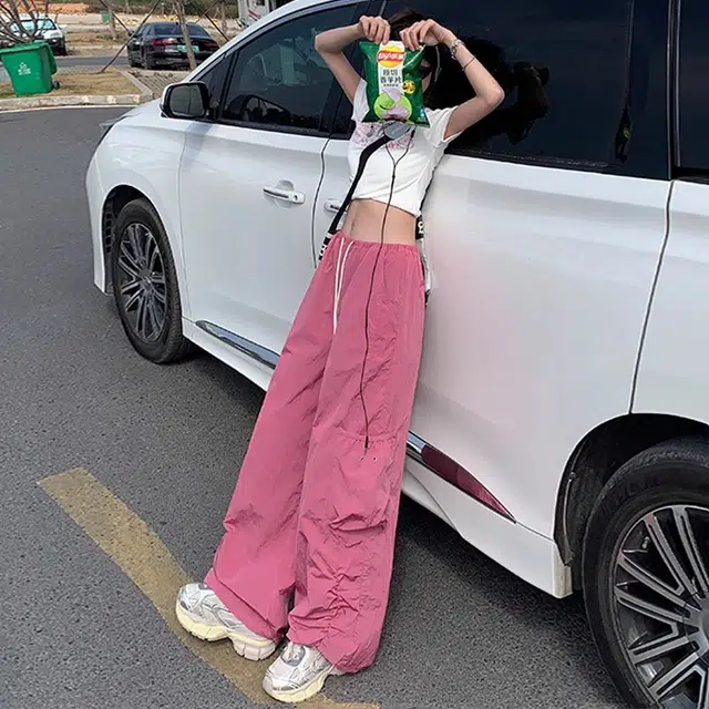 花蔓色 高街甜辣纯色高腰显瘦伞兵裤复古抽绳系带百搭阔腿裤速干设计感工装裤 女款