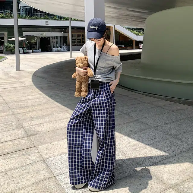 依钗 融合韩系美式风格的格子阔腿垂感裤休闲裤 女款