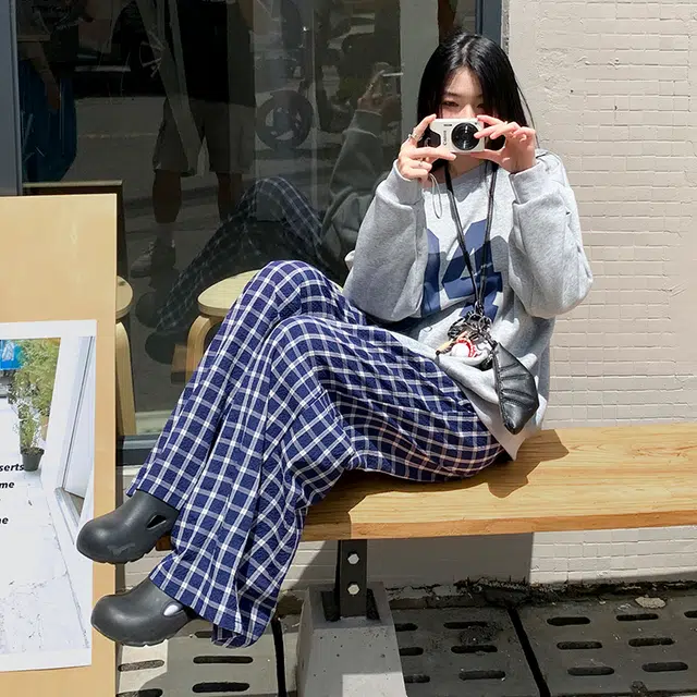 依钗 融合韩系美式风格的格子阔腿垂感裤休闲裤 女款