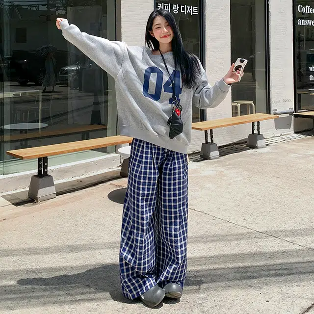 依钗 融合韩系美式风格的格子阔腿垂感裤休闲裤 女款