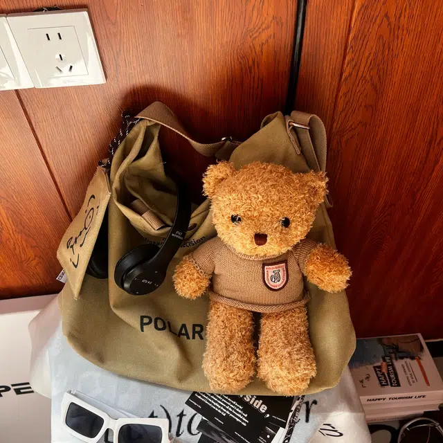 揽月 时尚潮流可爱小熊百搭 帆布 斜挎单肩包 常规 女款 卡其色