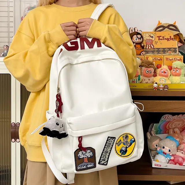 揽月 美式涂鸦大容量出游初高中大学生百搭通勤 尼龙 书包双肩包 大号 男女同款情侣款 白色/黑色/红色/灰色/卡其色