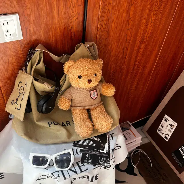 揽月 时尚潮流可爱小熊百搭 帆布 斜挎单肩包 常规 女款 卡其色