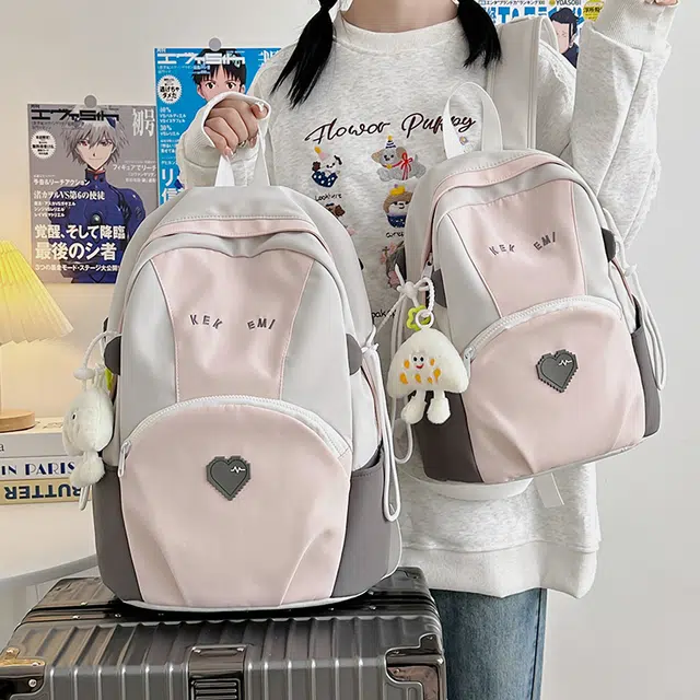 揽月 可爱撞色轻便百搭学生上课通勤 尼龙 背包书包双肩包 男女同款情侣款 粉色/蓝色/卡其色