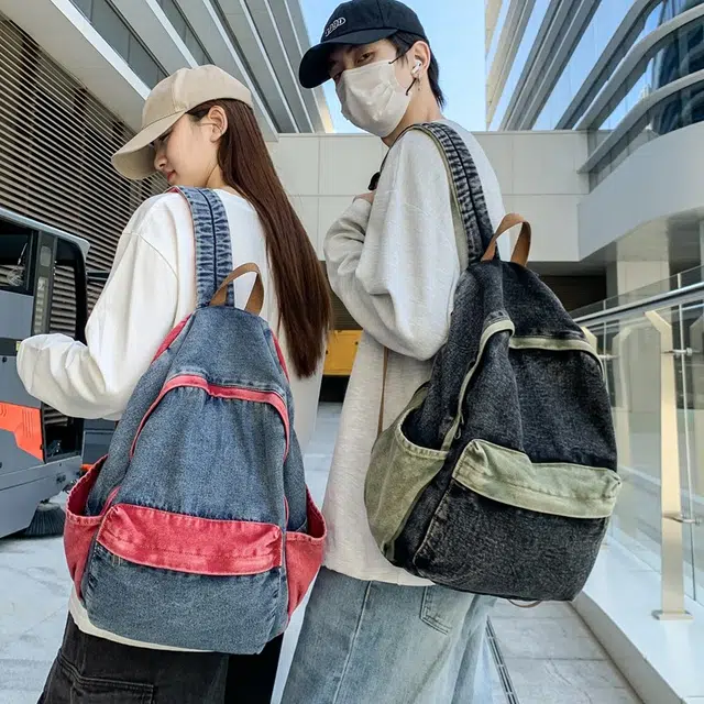 揽月 港风复古做旧大容量背包学生通勤 牛仔布 书包双肩包 常规 男女同款情侣款 多色