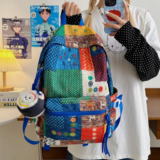 揽月 复古百搭 涤纶 双肩包 男女同款情侣款 蓝色/黄色