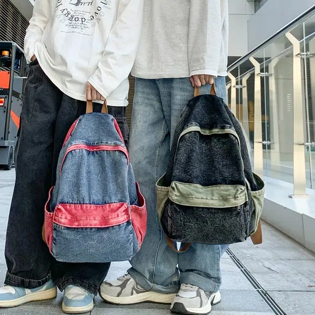 揽月 港风复古做旧大容量背包学生通勤 牛仔布 书包双肩包 常规 男女同款情侣款 多色