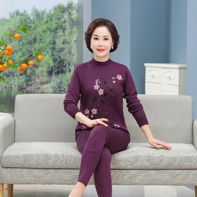 兰缪 中老年羊毛贴片加绒加厚内搭暖腹护背护膝锁温时尚花纹防风中领设计柔软舒适不臃肿亲肤透气打底可外穿保暖套装 女款