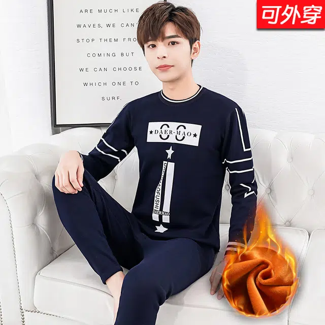 兰缪 青少年圆领加厚黄金绒家居服个性卡通涂鸦不易褪色起球防刮耐磨抗寒蓄热锁温舒适透气可外穿保暖套装 男款