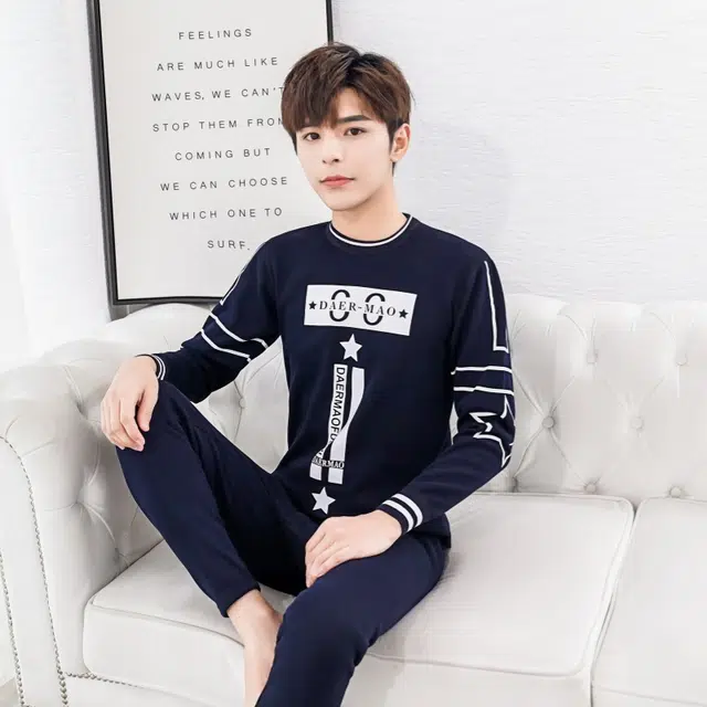 兰缪 青少年圆领加厚黄金绒家居服个性卡通涂鸦不易褪色起球防刮耐磨抗寒蓄热锁温舒适透气可外穿保暖套装 男款