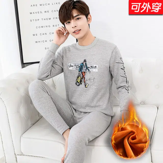 兰缪 青少年加绒加厚内搭个性涂鸦圆领套头抗寒蓄热锁温不易褪色防刮耐磨不起球舒适透气打底可外穿保暖套装 男款