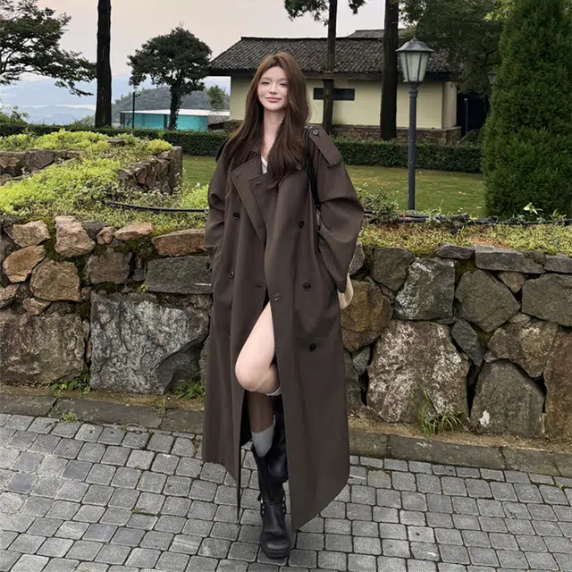 桴生 秋日廓型法式复古气质翻领双排扣长款外套风衣 女款