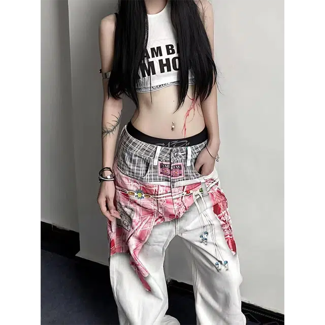 OPMY Plaid Patchwork Two-in-One Pants