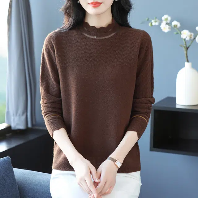 恒源祥 气质百搭显瘦纯色花边半高领羊毛打底针织衫 女款