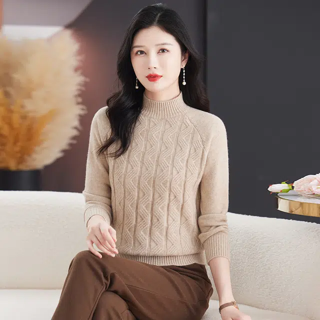 恒源祥 休闲简约气质时尚半高领纯色波浪纹路长袖针织衫 女款