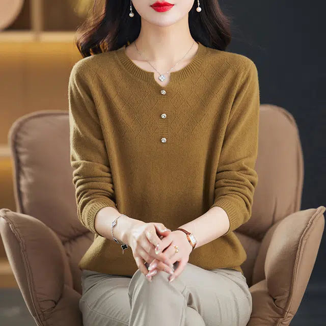 恒源祥 纯色百搭质感菱形纹路圆领羊毛打底针织衫 女款