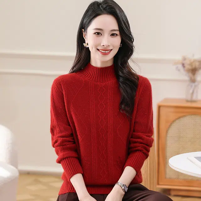 恒源祥 半高领纯色套头时尚百搭显瘦长袖打底羊绒衫 女款